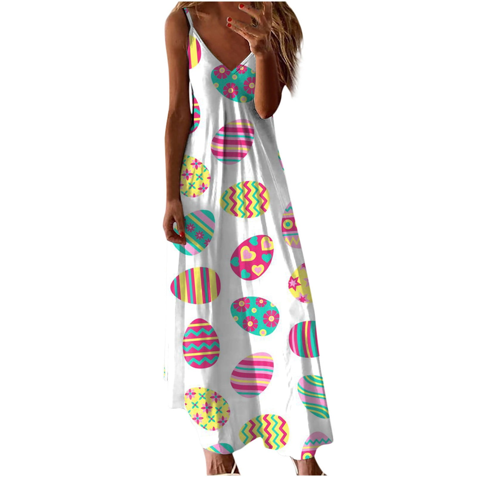 cocolona Easter Dress for Women 2024 Fashion Easter Eggs Printed V Neck