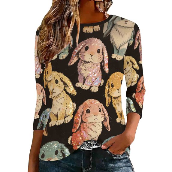 cocolona Easter Shirts for Women Crew Neck 3/4 Sleeve Bunny T-Shirts Summer Tops Cute Graphic Tees