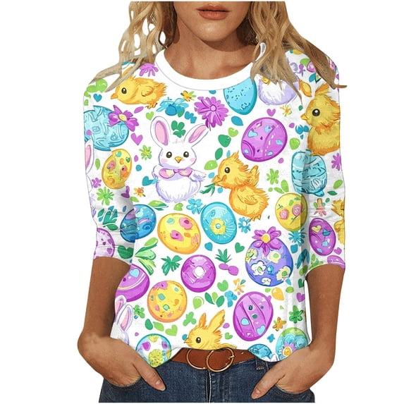 cocolona Easter Shirts for Women Graphic Tees Cute Crew Neck 3/4 Sleeve Bunny T-Shirts Summer Tops