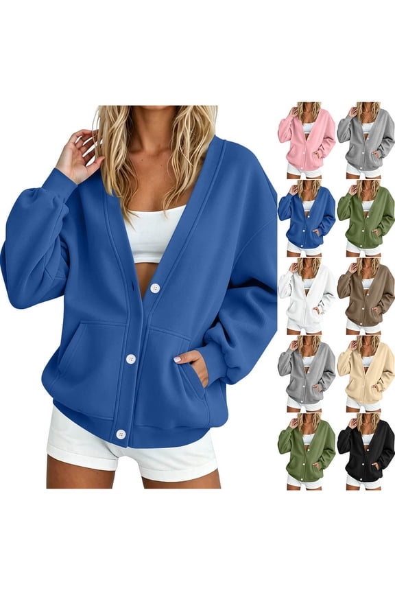 Fall Button Down Solid Color Sweatshirts Loose Casual V Neck Long Sleeve Jackets with Pockets