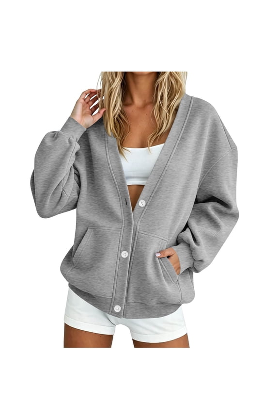 Fall Button Down Solid Color Sweatshirts Loose Casual V Neck Long Sleeve Jackets with Pockets