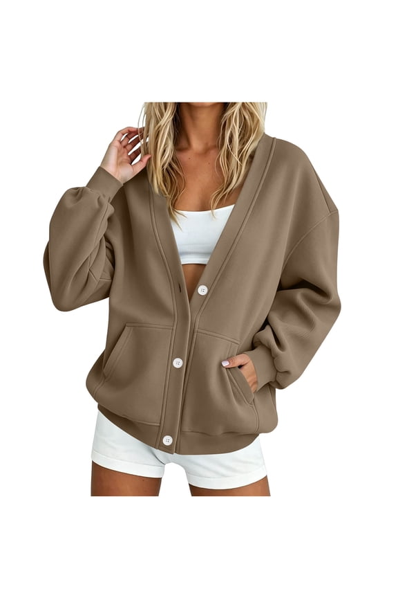 Fall Button Down Solid Color Sweatshirts Loose Casual V Neck Long Sleeve Jackets with Pockets