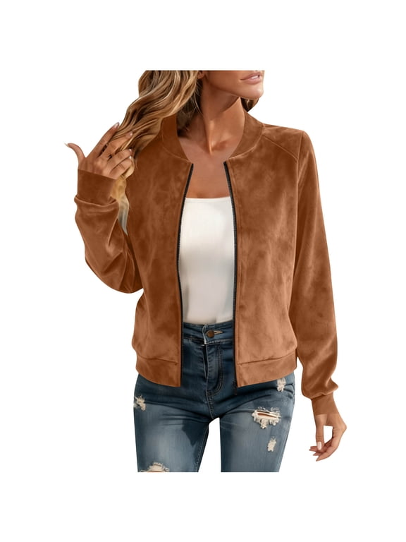 Fall Jackets for Women Long Sleeve Zip Up Lightweight Jacket Trendy Tops Casual Solid Color Coats with Pockets