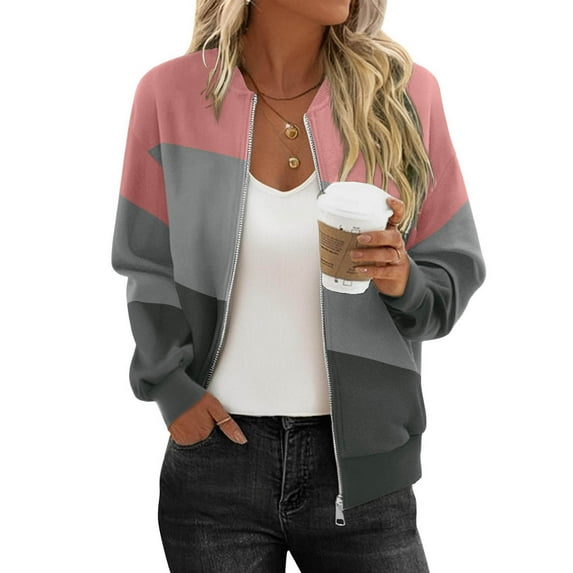 cocolona Fall Jackets for Women Long Sleeve Zip Up Sweatshirts Jacket Fashion Casual Color Block Coat Tops with Pockets