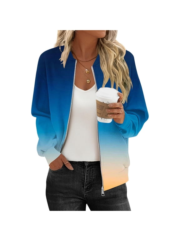 Fall Jackets for Women Long Sleeve Zip Up Sweatshirts Jacket Fashion Casual Gradient Color Coat Tops with Pockets