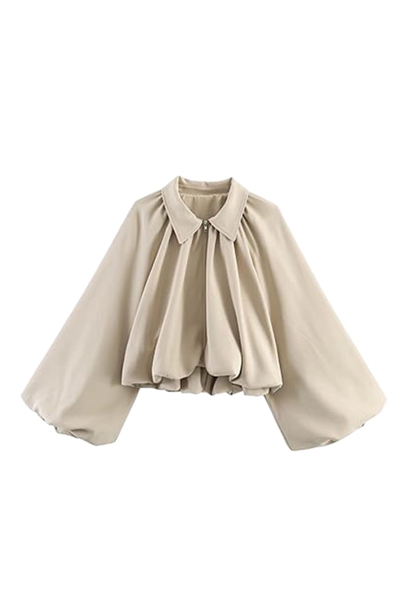 Fall Womens Cropped Jacket Long Puff Sleeve Collared Outwear Zipper Pleated Loose Trendy Coat