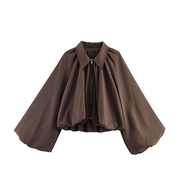 cocolona Fall Womens Cropped Jacket Long Puff Sleeve Collared Outwear Zipper Pleated Loose Trendy Coat