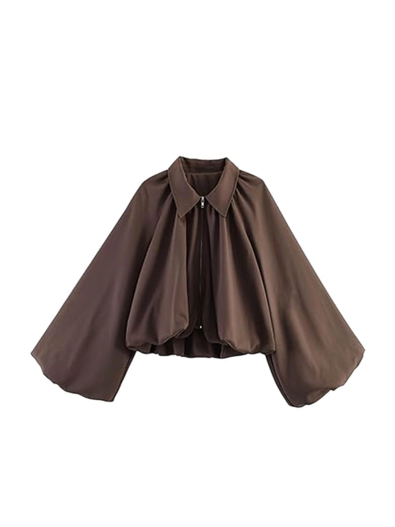 Fall Womens Cropped Jacket Long Puff Sleeve Collared Outwear Zipper Pleated Loose Trendy Coat