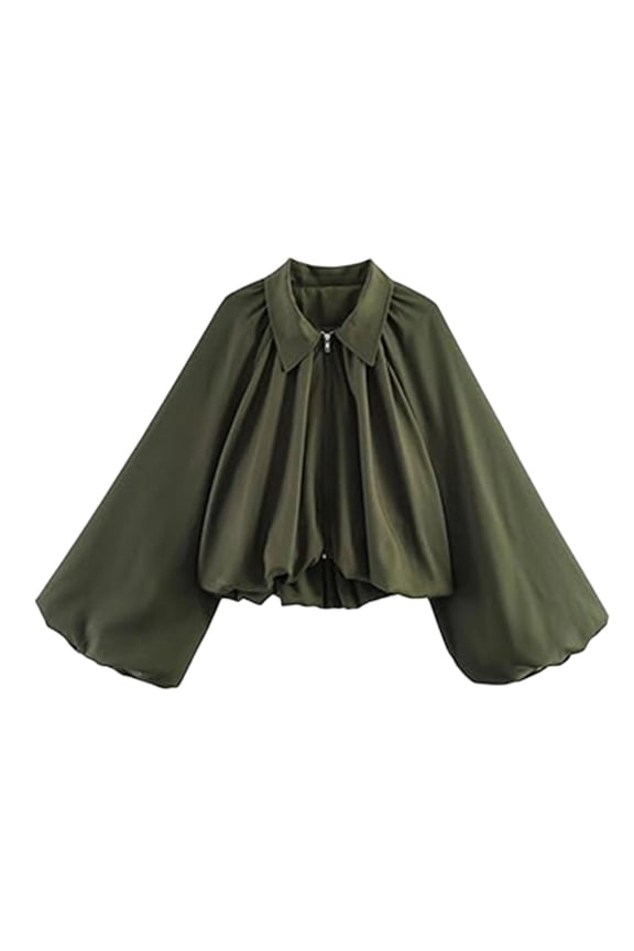 Fall Womens Cropped Jacket Long Puff Sleeve Collared Outwear Zipper Pleated Loose Trendy Coat