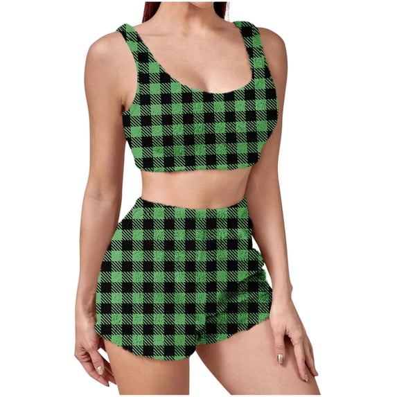 cocolona Fleece Pajamas for Women Set Plaid Print Crop Tank Top and Shorts Pajama Set Fall Winter 2 Piece Lounge Outfits Soft Warm Sleepwear