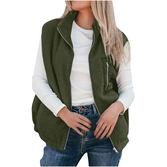 cocolona Fleece Vest for Women Sleeveless Zip Up Stand Collar Jacket Fall Winter Fuzzy Warm Vest Lightweight Coat with Pocket