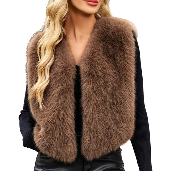 cocolona Fuzzy Vest for Women Sleeveless Open Front Cropped Winter Warm Coat for Party Evening