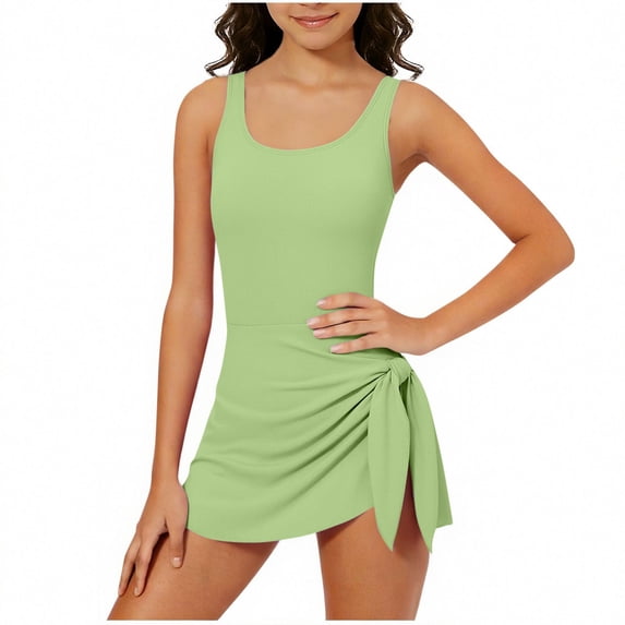 cocolona Girls One Piece Swimsuits Fashion Solid Color Crew Neck Bathing Suits Vacation Beach Swimdress