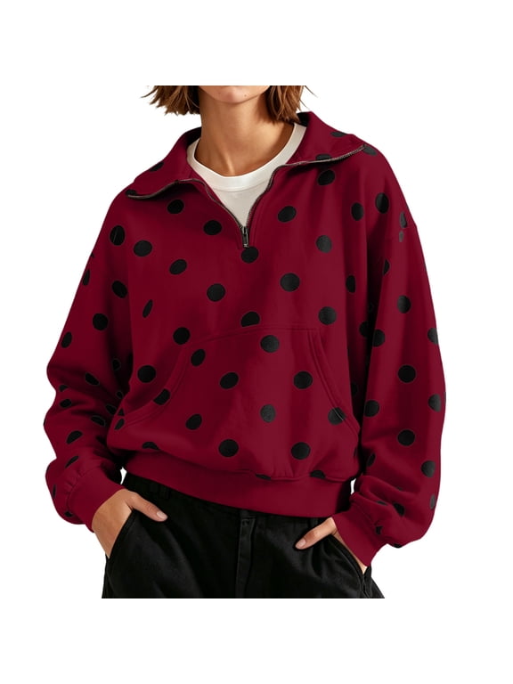 Half Zip Pullover Sweatshirts for women Polka Cute Long Sleeve Casual Oversized Fleece Cropped Shirts Fall Winter Tops With Pocket