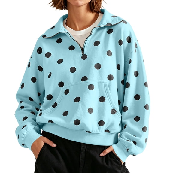 cocolona Half Zip Pullover Sweatshirts for women Polka Cute Long Sleeve Casual Oversized Fleece Cropped Shirts Fall Winter Tops With Pocket