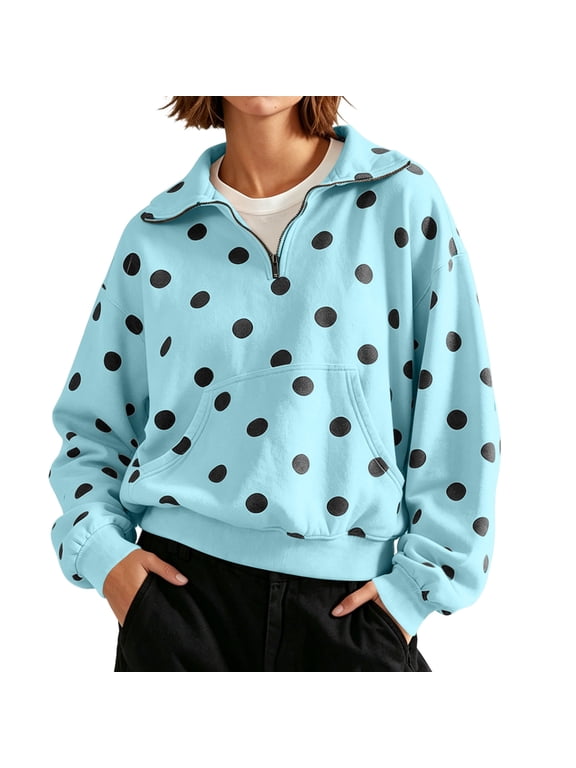 Half Zip Pullover Sweatshirts for women Polka Cute Long Sleeve Casual Oversized Fleece Cropped Shirts Fall Winter Tops With Pocket