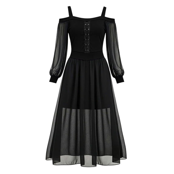 cocolona Halloween Dresses for Women Off Shoulder Mesh Patchwork Corset Dress Long Sleeve Pleated High Waist Dress