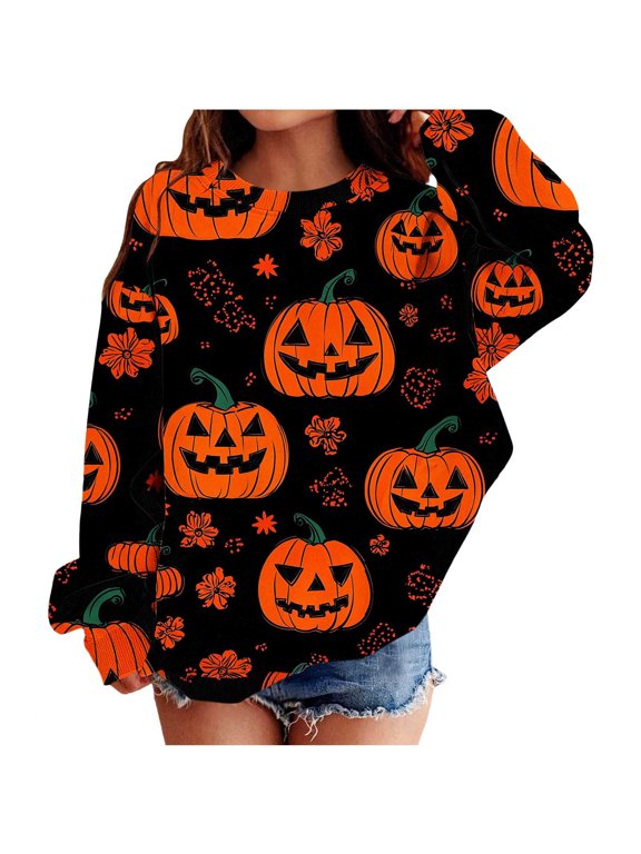 Halloween Printed Sweatshirt for Girls Oversized Crew Neck Long Sleeve Pullover Shirts Fall Fleece Lined Cute Sweatshirts