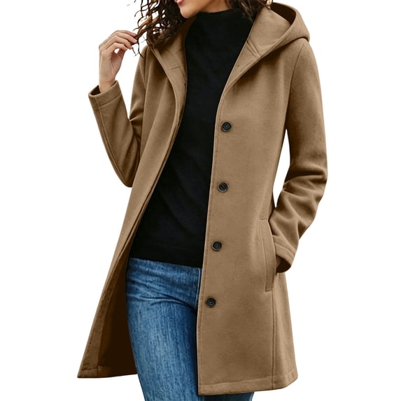 cocolona Hooded Pea Coat for Women Winter Elegant Casual Long Sleeve Single Breasted Jacket Loose Fashion Warm Winter Outerwear