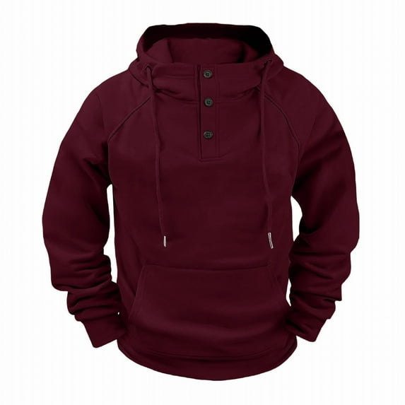 cocolona Hoodies for Men Button Collar Drawstring Hooded Sweatshirts Fall Winter Casual Solid Color Long Sleeve Pullover Tops with Pockets