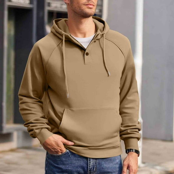 cocolona Hoodies for Men Button Collar Drawstring Hooded Sweatshirts Fall Winter Casual Solid Color Long Sleeve Pullover Tops with Pockets
