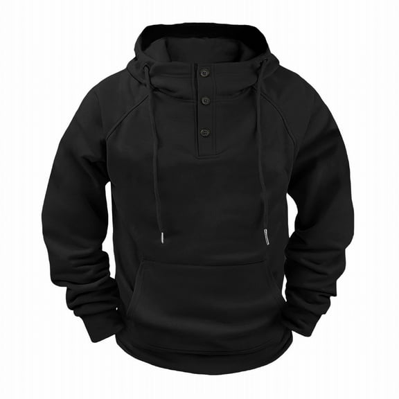 cocolona Hoodies for Men Button Collar Drawstring Hooded Sweatshirts Fall Winter Casual Solid Color Long Sleeve Pullover Tops with Pockets