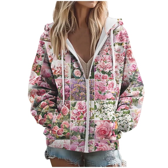 cocolona Hoodies for Women Casual Long Sleeve Zip Up Hooded Sweatshirts Fall Winter Fashion Floral Print Jacket Coats with Pockets