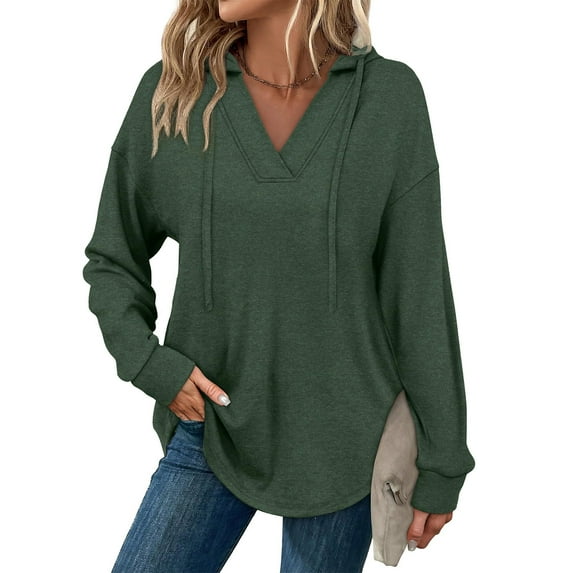 cocolona Hoodies for Women V Neck Drawstring Sweatshirts Fall Long Sleeve Shirts Fashion Solid Color Tops Casual Loose