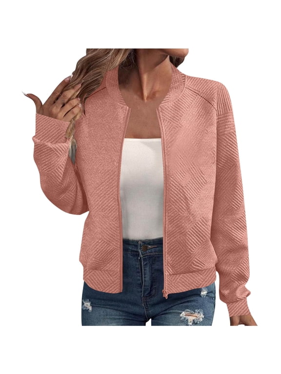 Jackets for Women Long Sleeve Casual Textured Lightweight Zipper Flight Jacket Fall Fashion Coat Tops