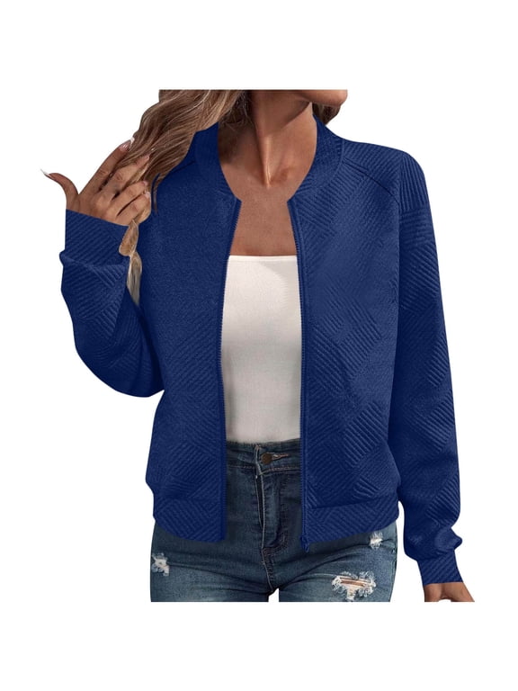 Jackets for Women Long Sleeve Casual Textured Lightweight Zipper Flight Jacket Fall Fashion Coat Tops