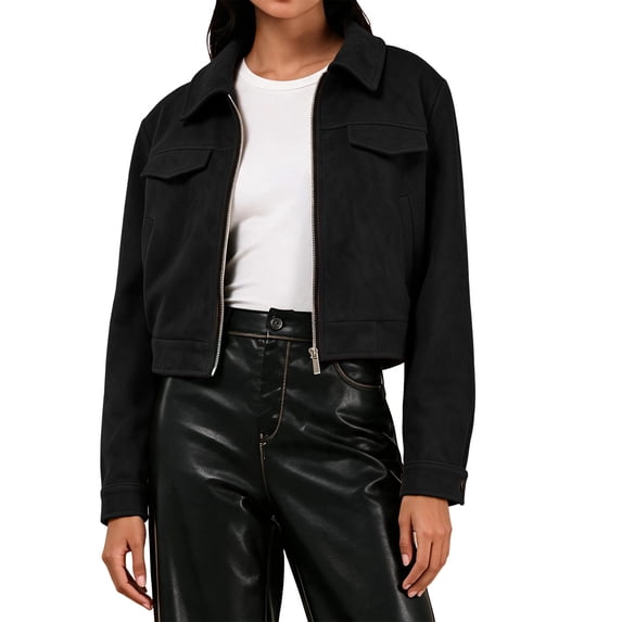 cocolona Jackets for Women Solid Color Lapel Long Sleeve Crop Coat Loose Casual Zipper Fall Winter Outerwear
