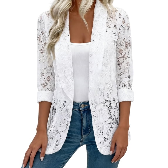 cocolona Lace Blazers for Women Lapel 3/4 Sleeve Lightwight Outwear Tops Trendy Casual Solid Color Outfits Suit Jacket
