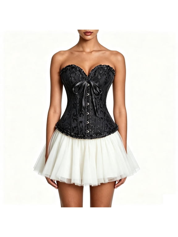 Lace Up Bustier Corset for Women Vintage Bow Push Up Strapless Overbust Corset Tops