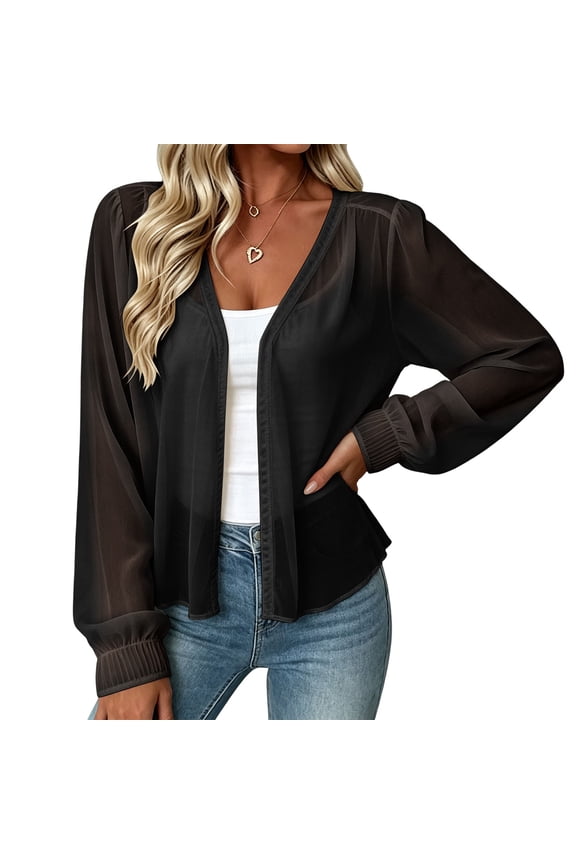Lightweight Chiffon Cardigans for Women Open Front Long Sleeve Elastic Cuff Tops Loose Cover Up Casual Cardigan