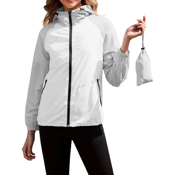 cocolona Lightweight Patchwork Rain Jacket for Women WaterProof Windbreaker Hooded Drawstring Rain Coat Full-zip Travel Outdoor Outerwear with Pockets