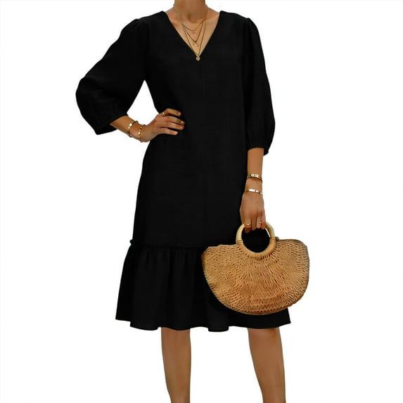 cocolona Linen Dress for Women Summer V Neck 3/4 Sleeve Ruffle Flowy Midi Dress Vacation Beach Sun Dress
