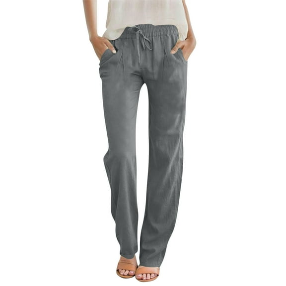 cocolona Linen Pants for Women Fashion Elastic Waist Drawstring Straight Leg Pants Beach Vacation Trousers with Pockets