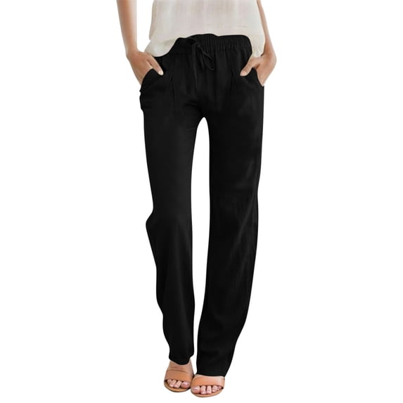 cocolona Linen Pants for Women Fashion Elastic Waist Drawstring Straight Leg Pants Beach Vacation Trousers with Pockets