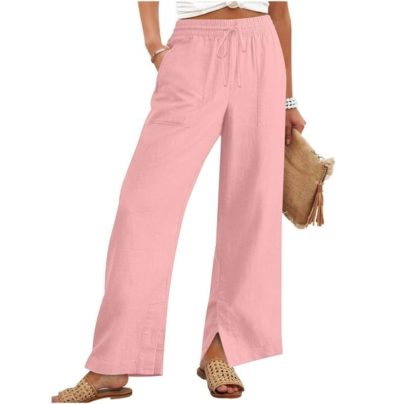cocolona Linen Pants for Women Summer Casual Solid Color Straight Wide Leg Pants Beach Vacation Trousers with Pockets