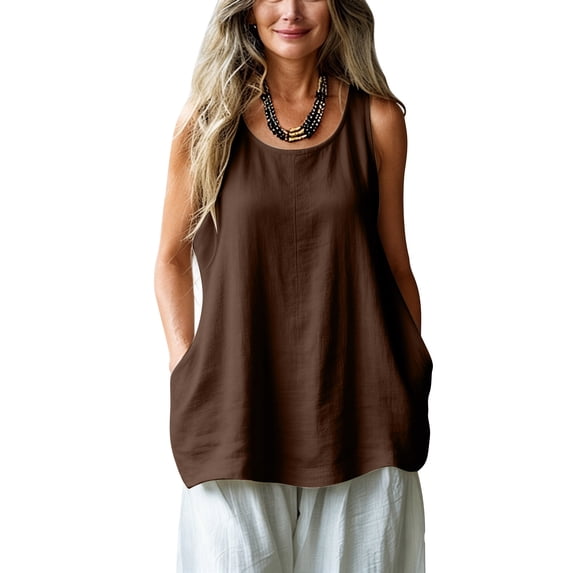 cocolona Linen Tank Tops for Women Summer Sleeveless Crew Neck Loose Shirts Casual Lightweight Solid Color Blouses