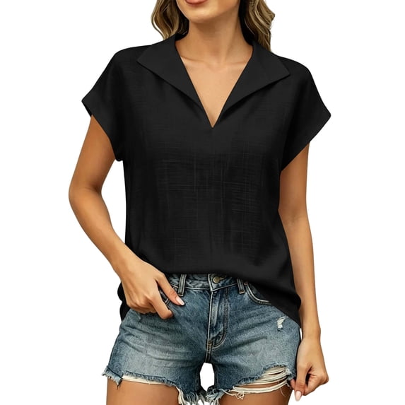 cocolona Linen Tops for Women Summer Lapel Short Sleeve Loose Blouse Dressy Casual Solid Color Blouses