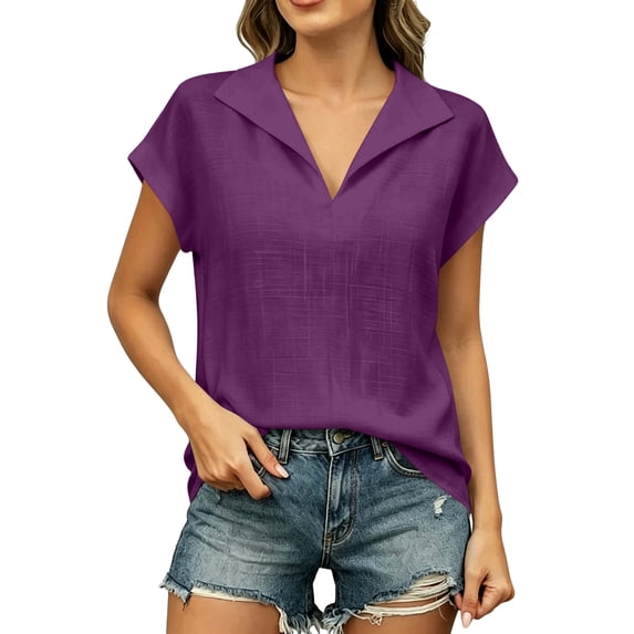 cocolona Linen Tops for Women Summer Lapel Short Sleeve Loose Blouse Dressy Casual Solid Color Blouses
