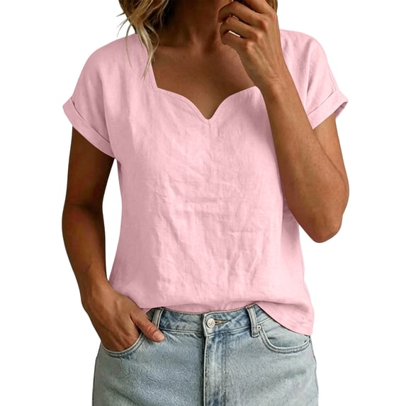 cocolona Linen Tops for Women Summer Solid Color V Neck Short Sleeve Shirts Dressy Casual Blouses