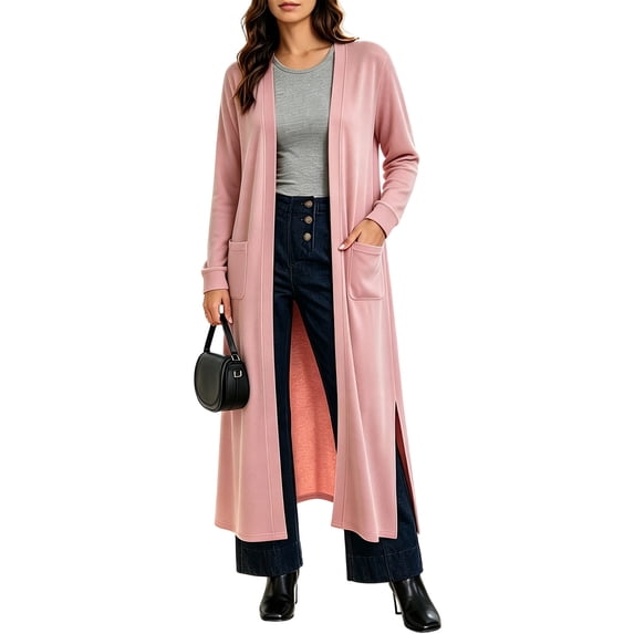 cocolona Long Cardigan for Women LightWeight Long Sleeve Open Front Outerwear Elegant Solid Color Long Jacket with Pockets