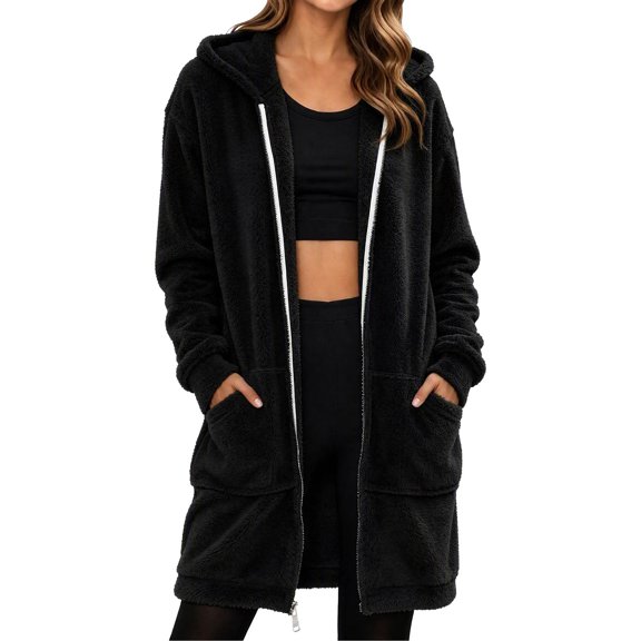 cocolona Long Fleece Jacket for Women Double-Sided Fuzzy Long Sleeve Outerwear Hooded Zipper Fall Winter Long Coat with Pocket