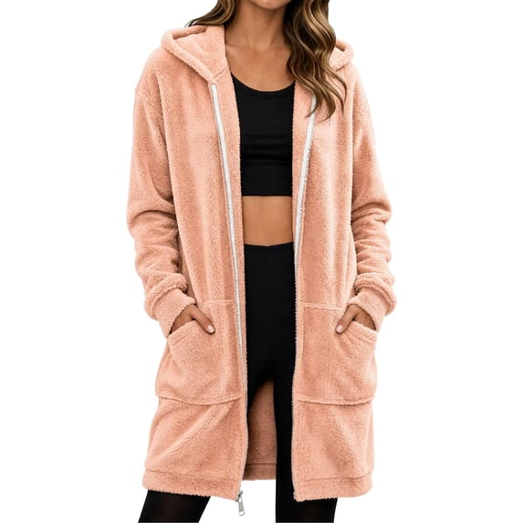 cocolona Long Fleece Jacket for Women Double-Sided Fuzzy Long Sleeve Outerwear Hooded Zipper Fall Winter Long Coat with Pocket