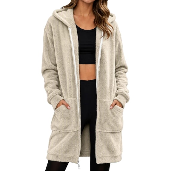 cocolona Long Fleece Jacket for Women Double-Sided Fuzzy Long Sleeve Outerwear Hooded Zipper Fall Winter Long Coat with Pocket