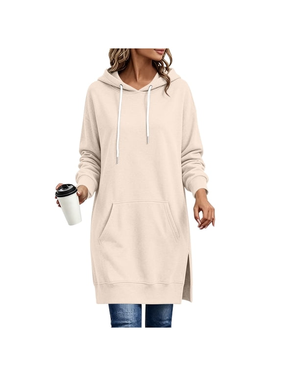 Long Hoodies for Women Long Sleeve Fall Hooded Lightweight Tunic Pullover Sweatshirts Drop Shoulder Side Slit Hem Tops