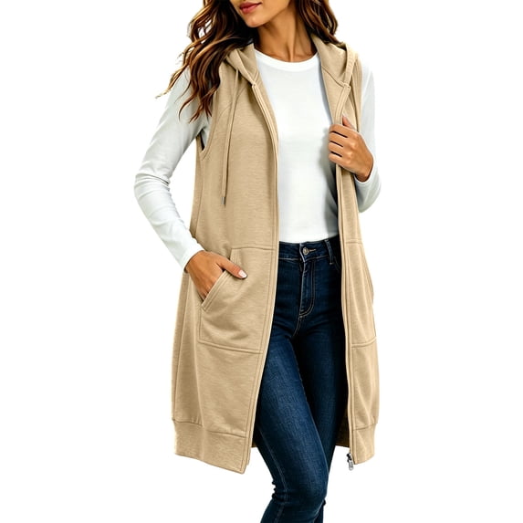 cocolona Long Hoodies for Women Zip Up Sleeveless Drawstring Sweatshirts Tunic Oversized Fall Casual Jackets