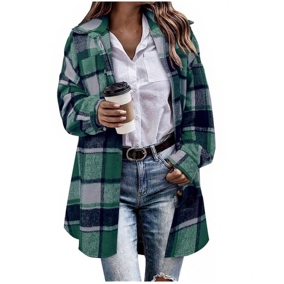 cocolona Womens Long Plaid Flannel Shacket Trendy Casual Lapel Long Sleeve Tunic Jackets Warm Overcoat for Fall Winter